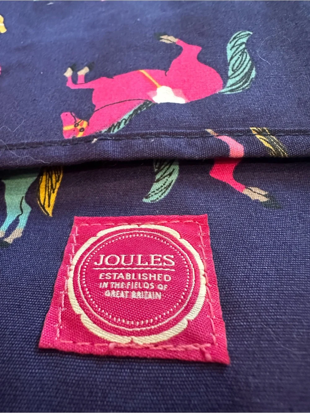 Joules Navy Crossbody Bag with Pink Strap and Multicolor Horse Print